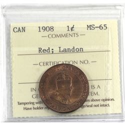 1-cent 1908 Landon ICCS Certified MS-65 RED! Crisp details with vibrant orange tones.