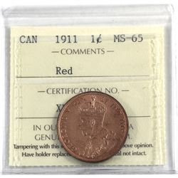 1-cent 1911 ICCS Certified MS-65 RED! Exceptional eye appeal worth a premium Bid!