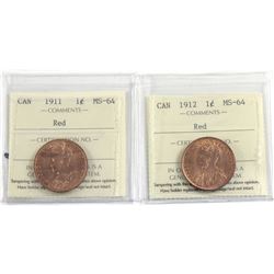 1-cent 1911 & 1912 both ICCS Certified MS-64 RED! (2pcs)