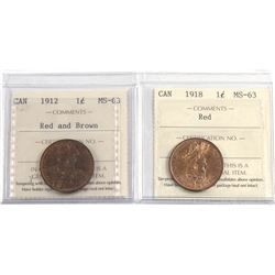 1-cent 1912 R&B, & 1918 RED, both ICCS Certified MS-63 (2pcs)