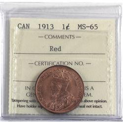1-cent 1913 ICCS Certified MS-65 RED. Soft satin finishes with sharp details.
