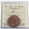 Image 1 : 1-cent 1913 ICCS Certified MS-65 RED. Soft satin finishes with sharp details.