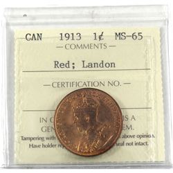 1-cent 1913 Landon ICCS Certified MS-65 RED! Bright natural red toned throughout.