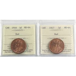 1-cent 1916 & 1917 both ICCS Certified MS-64 RED. Both coins full red with great eye appeal.