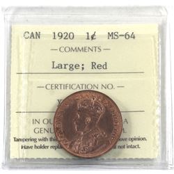 1-cent 1920 Large ICCS Certified MS-64 RED. Great radiant luster.