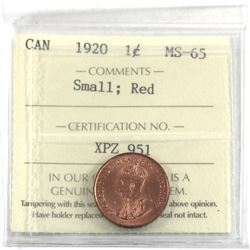 1-cent 1920 Small ICCS Certified MS-65 RED! A Full red coin with exceptional eye appeal worth a prem