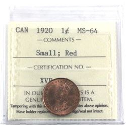 1-cent 1920 small ICCS Certified MS-64 RED. Near full red with great eye appeal.