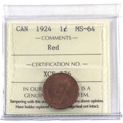 1-cent 1924 ICCS Certified MS-64 RED! *Scarce in Mint State grades!