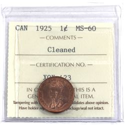 1-cent 1925 ICCS Certified MS-60 (cleaned)