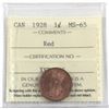 Image 1 : 1-cent 1928 ICCS Certified MS-65 RED! *SCARCE* Full Red coin with bright radiant fields.