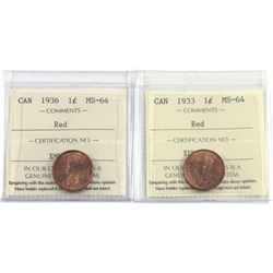 1-cent 1933 & 1936 both ICCS Certified MS-64 RED! (2pcs)