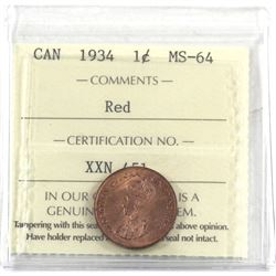 1-cent 1934 ICCS Certified MS-64 RED! *Scarce in Mint State!*
