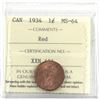 Image 1 : 1-cent 1934 ICCS Certified MS-64 RED! *Scarce in Mint State!*