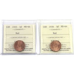 1-cent 1935 & 1936 both ICCS Certified MS-64 RED! A choice set of the last 2 years of George 5th iss