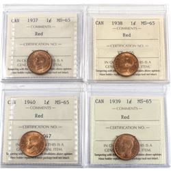1-cent 1937, 1938, 1939 & 1940 ICCS Certified MS-65. 4pcs
