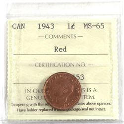 1-cent 1943 ICCS Certified MS-65 RED!