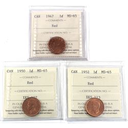1-cent 1947, 1950 & 1952 ICCS Certified MS-65. 3pcs