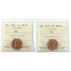 1-cent 1957 & 1959 ICCS Certified MS-66. 2pcs