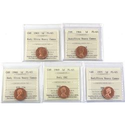 1-cent 1963, 1964, 1966, 1969 & 1971 ICCS Certified PL-65 Ultra Heavy Cameo. 5pcs