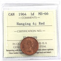 1-cent 1964 Hanging 4 ICCS Certified MS-66; Red