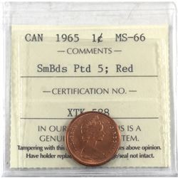 1-cent 1965 SmBds Ptd 5 ICCS Certified MS-66 RED (Variety 1)