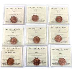 1-cent 1967, 1968, 1970, 1972, 1975, 1979, 1983 Far Beads, 1984 & 1986 ICCS Certified MS-65 (9pcs)