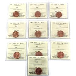 1-cent 1992, 1993, 1994, 1995, 1996, 1997, 1999, 2000, 2004 & 2005 ICCS Certified MS-65 (10 pcs)