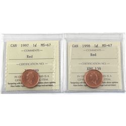 1-cent 1997 & 1998 ICCS Certified MS-67 (2pcs)