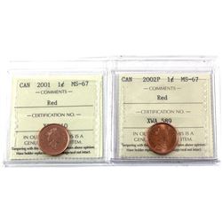 1-cent 2001 & 2002P ICCS Certified MS-67. 2pcs