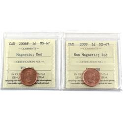 1-cent 2006P Magnetic & 2009 Non Magnetic ICCS Certified MS-67 (2pcs)