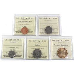 1-cent Non-mag, 5-cent, 10-cent, 25-cent & Montreal Canadians Dollar 2009 ICCS Certified MS-66. 5pcs