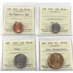 1-cent Non-Magnetic, 10-cent, 25-cent Poppy & Saskatchewan Roughriders Dollar 2010 ICCS Certified MS