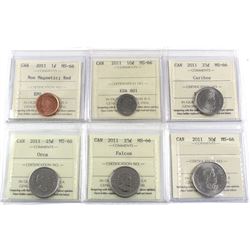 1-cent Non-Magnetic, 10-cent, 25-cent Caribou, Orca, Falcon, 50-cent 2011 ICCS Certified MS-66. 6pcs