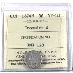 5-cent 1874H Crosslet 4 ICCS Certified VF-30