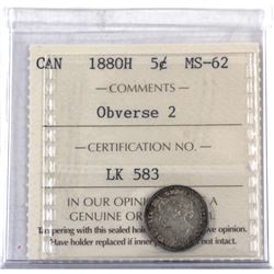 5-cent 1880H Obverse 2 ICCS Certified MS-62.