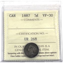 5-cent 1887 ICCS Certified VF-30.