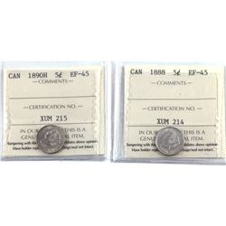 5-cent 1888 & 1890H ICCS Certified EF-45. 2pcs.