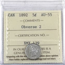 5-cent 1892 Obverse 2 ICCS Certified AU-55. A bright coin with strong strike qualities.