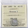 Image 1 : 5-cent 1892 Obverse 2 ICCS Certified AU-55. A bright coin with strong strike qualities.