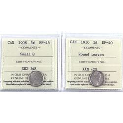 5-cent 1908 Small 8 EF-45 & 1910 Round Leaves EF-40. Both coins are ICCS Certified. 2pcs.
