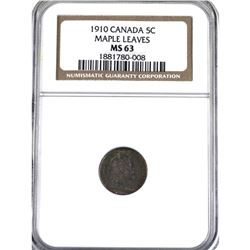 5-cent 1910 Maple Leaves NGC Certified MS-63. A beautifully toned coin with violet and indigo blues.