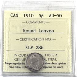 5-cent 1910 Round Leaves ICCS Certified AU-50.