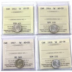 5-cent 1912 AU-55, 1914 AU-55, 1917 AU-55, 1918 AU-58. All coins are ICCS Certified. 4pcs.