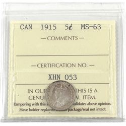 5-cent 1915 ICCS Certified MS-63! A Beautiful Key Date coin with soft tones of golden rose gives it