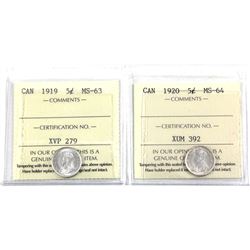 5-cent 1919 MS-63, 1920 MS-64. Both coins are ICCS Certified. 2pcs.