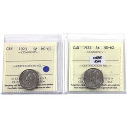 5-cent 1922 Near Rim & 1923 ICCS Certified MS-62. 2pcs.