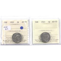 5-cent 1922 Far Rim & 1923 ICCS Certified AU-55. 2pcs.