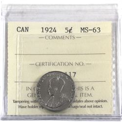 5-cent 1924 ICCS Certified MS-63.