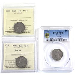5-cent 1925 F-12, 1926 Far 6, VG-8 & 1926 Near 6 XF-45 All Certified (ICCS & PCGS) A great lot for s