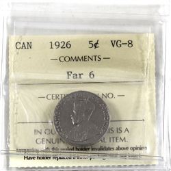 5-cent 1926 Far 6 ICCS Certified VG-8 (ICCS holder is bent).